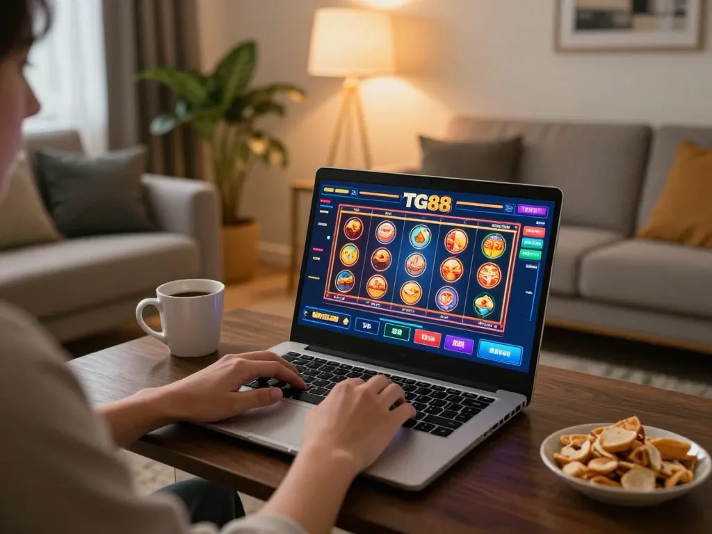 Engaging online gameplay with TG88, showcasing poker and slots at home.
