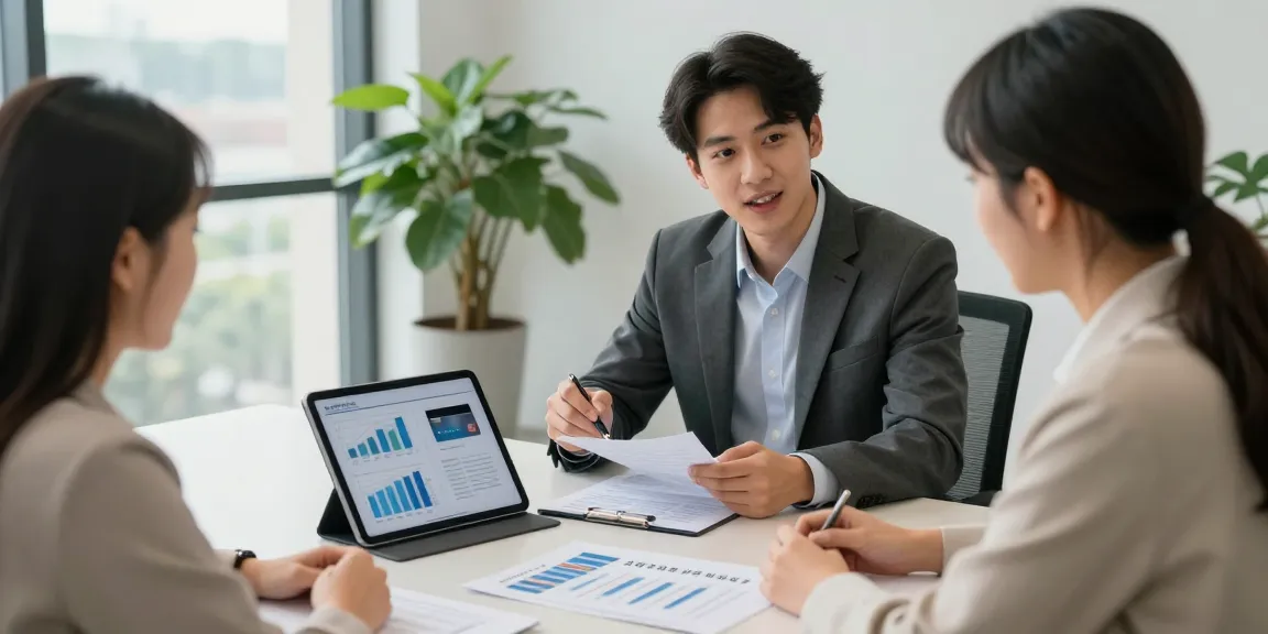 Engaging financial consultant explaining 신용카드현금화 options to clients in modern office.