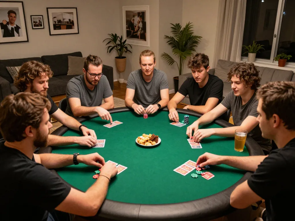 Friends enjoying poker night at home with 123b atmosphere, colorful chips and cards displayed
