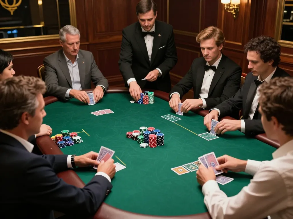 TR88 players strategizing in an upscale poker game with colorful chips and cards