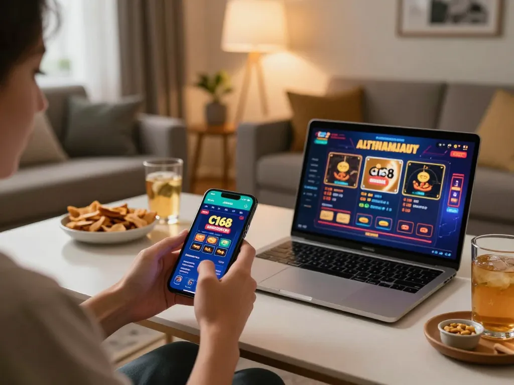 C168 app user engages in responsible online gambling on smartphone in cozy living room.