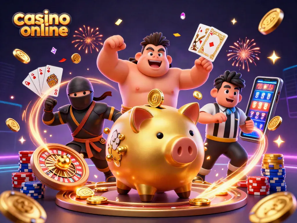Un emocionante juego en un casino online con un cerdo dorado sumo y un ninja luchando rodeados de monedas y cartas.
