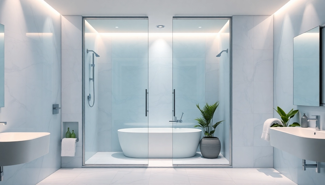 Showcasing sleek, modern sunney shower doors in a serene bathroom environment with elegant decor.