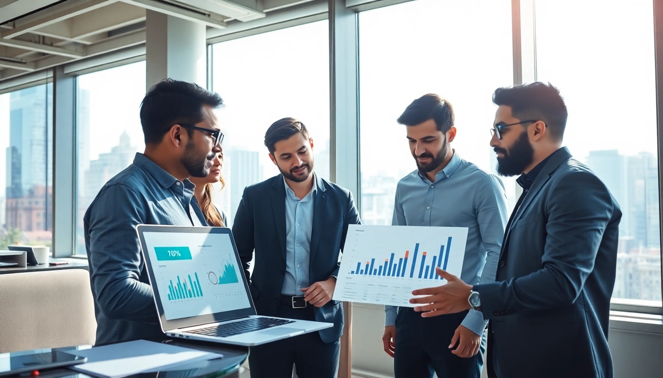 Engage in edmonton social media marketing strategies with a team analyzing analytics in an urban office setting.