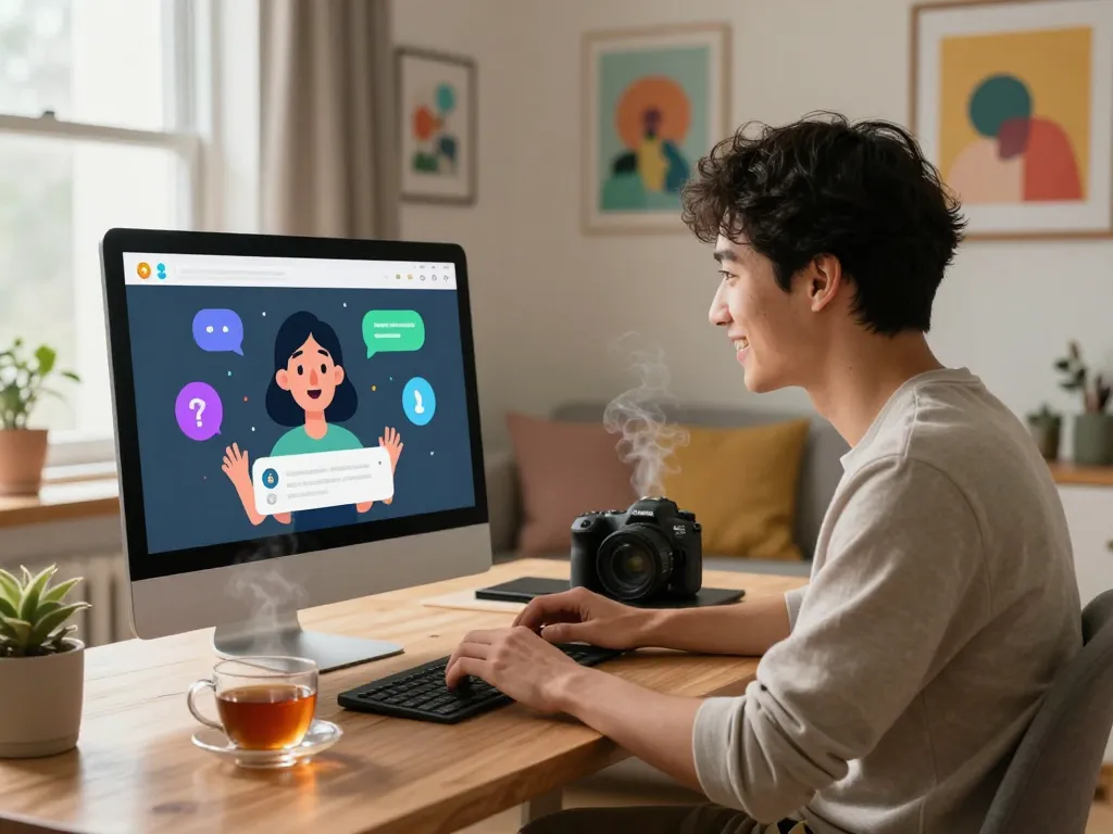 Engaging scene showcasing a user chatting with an AI slut character in a cozy home office.