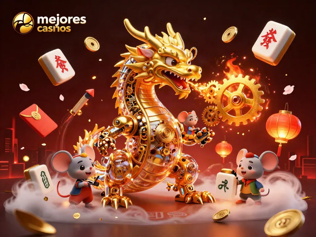Explora los mejores casinos mediante una ilustración vibrante de un dragón dorado, monedas y elementos de juego.
