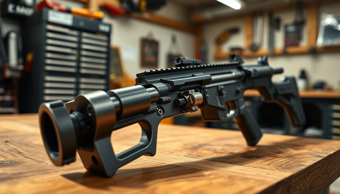 AR 9 trigger mechanism showcased on a workshop bench, highlighting its detailed craftsmanship.