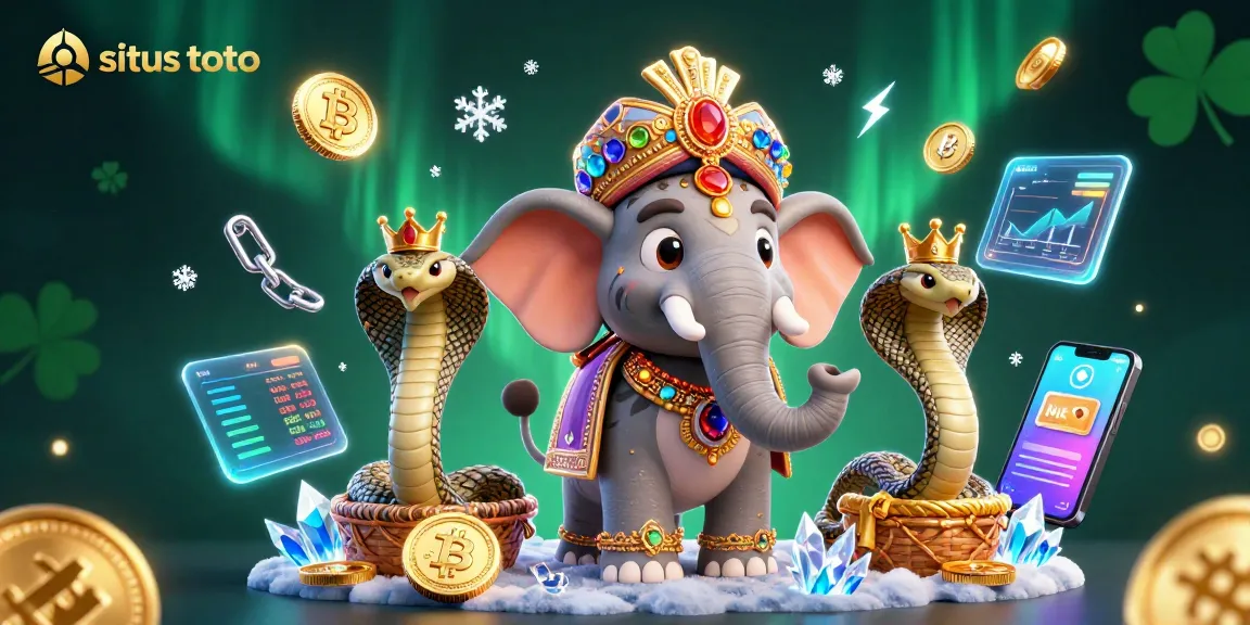 Experience excitement with situs toto, featuring a vibrant 3D maharaja riding an elephant amidst glowing crypto coins.