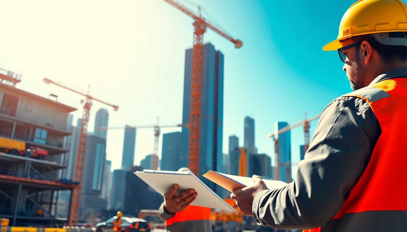 Manhattan Construction Manager directing busy team at construction site with active cranes.