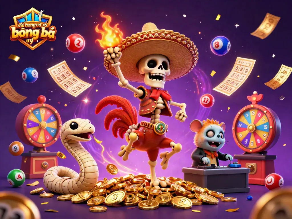 Các trang cá độ bóng đá uy tín với skeleton mariachi, rồng và DJ hamster đang ăn mừng giữa vàng và bóng xổ số.