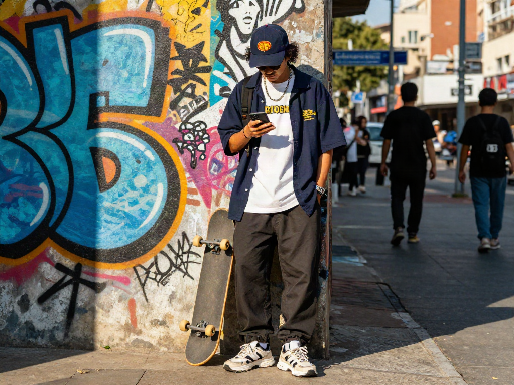 Stylish young adult showcasing urban fashion with rokok88 trends against a vibrant graffiti wall.