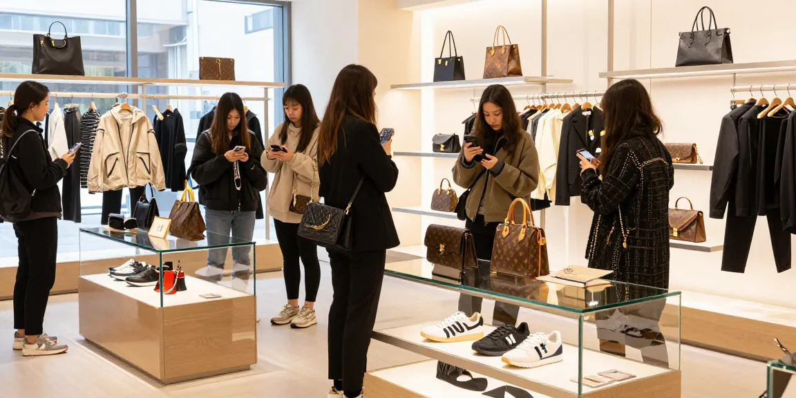 Engaging shoppers admiring high-quality 레플리카 items in a modern e-commerce retail setting.