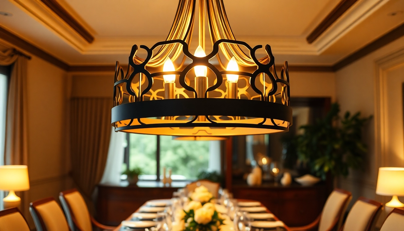 Stunning black and gold light fixture illuminating an elegant dining room setting.