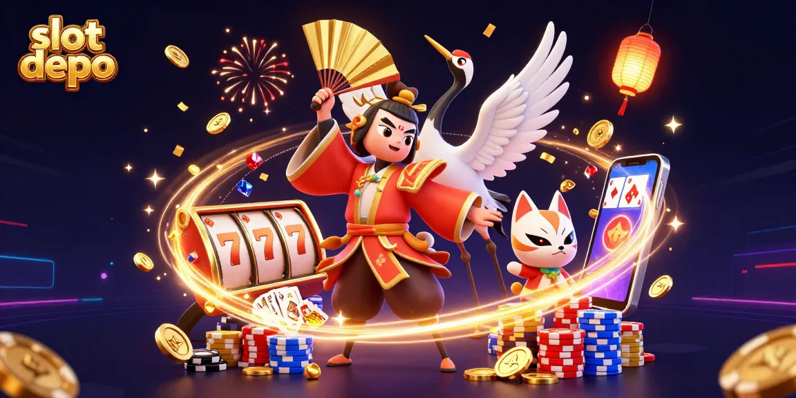 Experience the excitement of slot depo with colorful reels, golden coins, and dynamic casino characters.