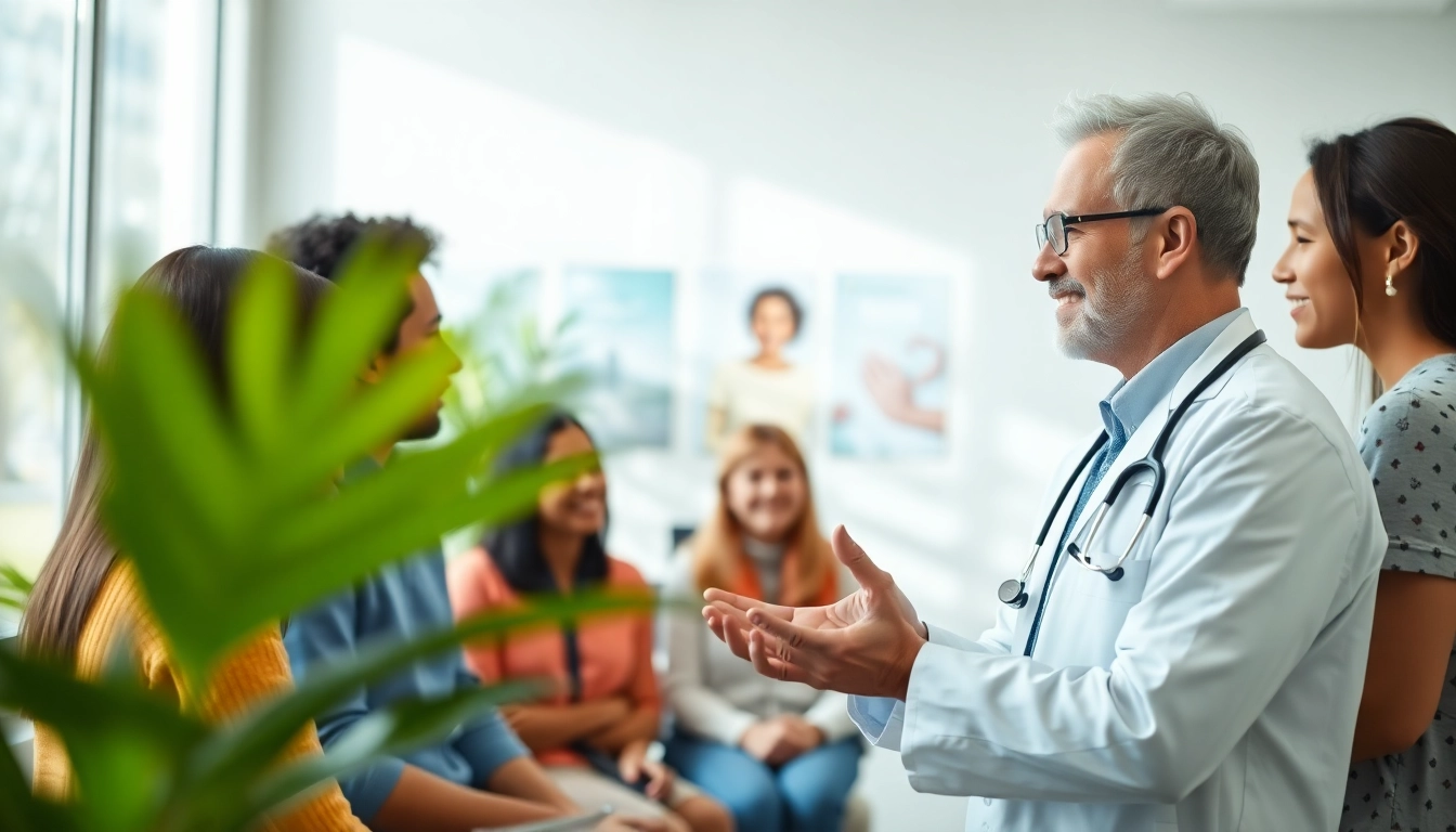 Engaging health discussion in a modern clinic, showcasing patient care and wellness.
