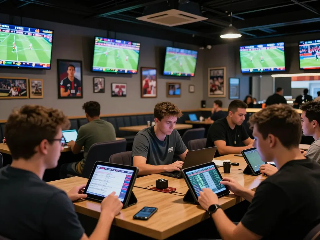 Engaged bettors analyzing odds at NHÀ CÁI C168 sports lounge, showcasing a lively atmosphere with multiple screens and dynamic energy.