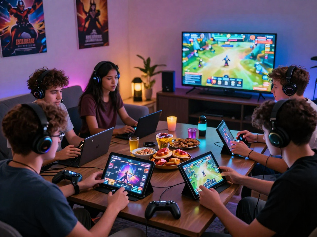Group of friends enjoying html porn games on various devices in a vibrant gaming setup.