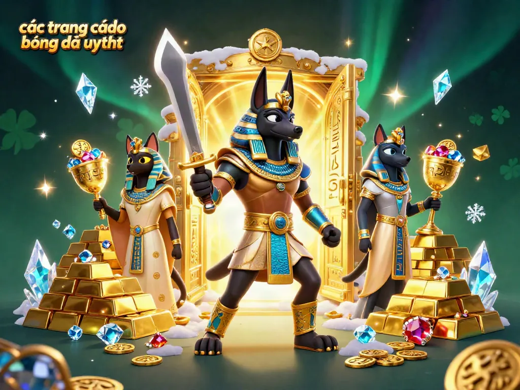Các trang cá độ bóng đá uy tín với chiến binh Anubis và Bastet trong không gian huyền bí đầy tiền vàng và đá quý