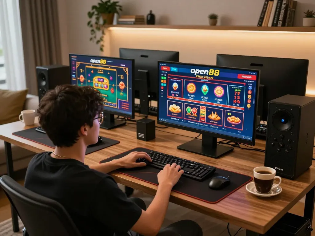 Engaging online gambling experience on open88 with user immersed in gameplay.