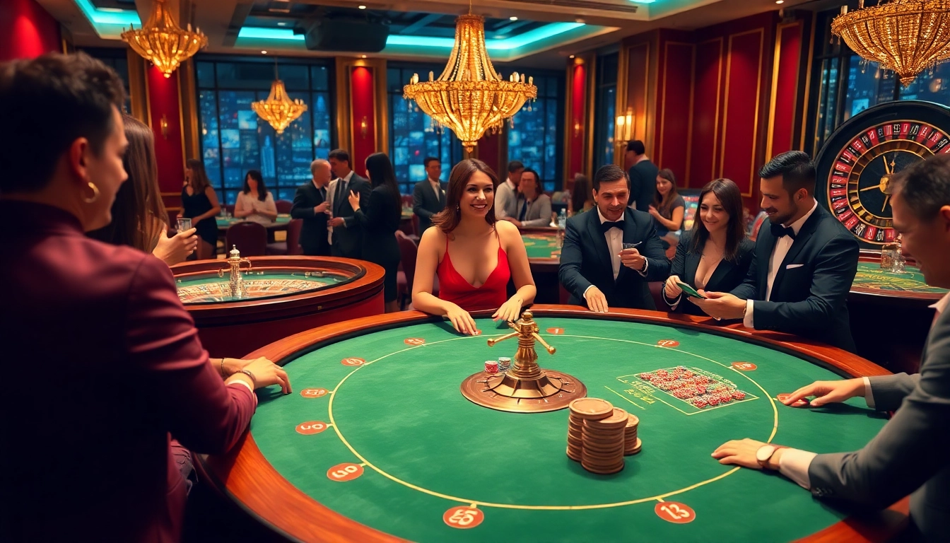 Players enjoying a poker game at a luxurious casino setting inspired by https://okfun.page, featuring elegant decor and vibrant atmosphere.