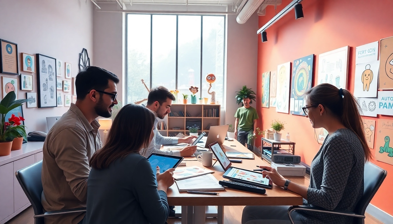 Animation Erstellen in einem kreativen Studio mit Designern, die an einem Storyboard arbeiten.