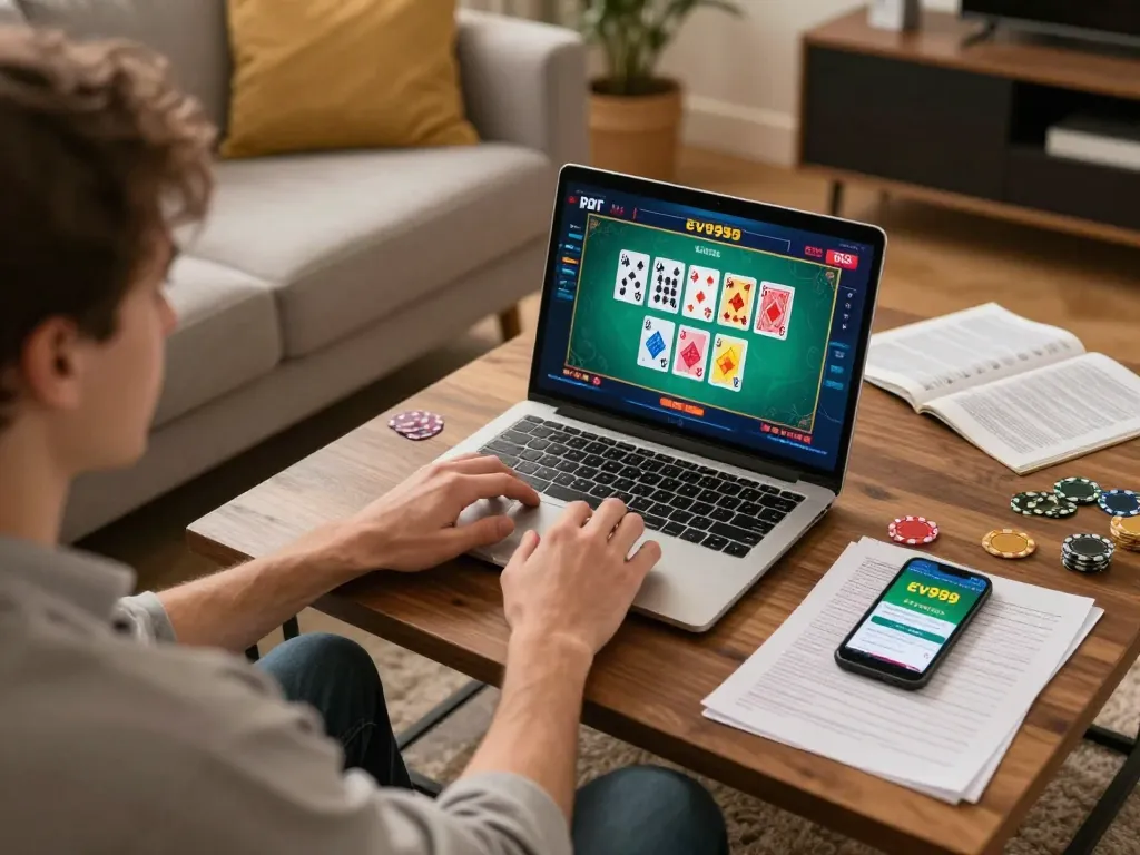 Player experiencing ev999 online poker action in a cozy gaming setup