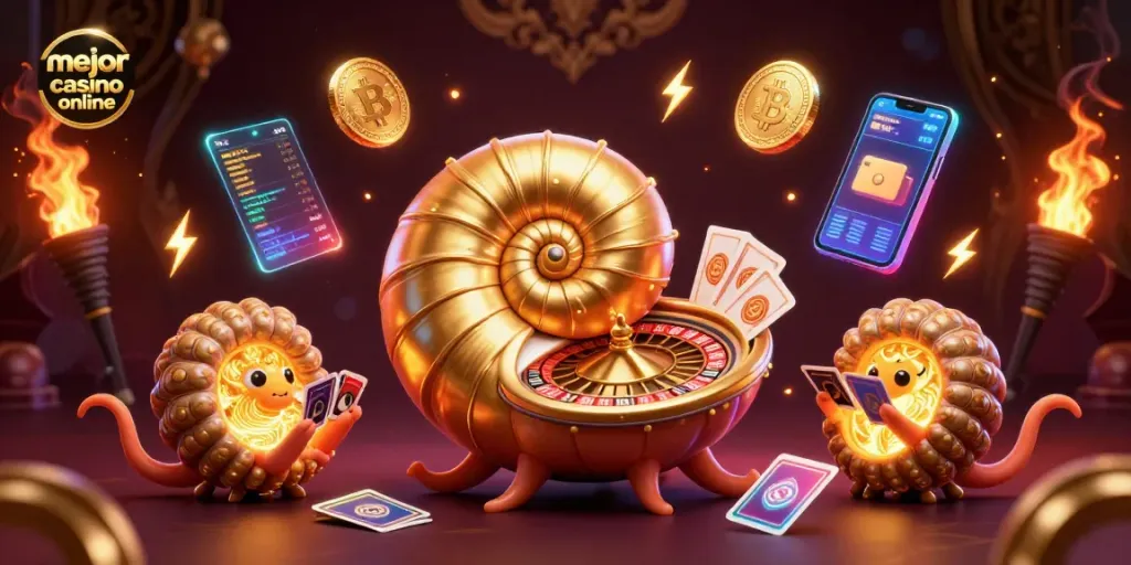 Mejor casino online mostrando un nautilus gigante con tarjetas de póker y criptomonedas brillantes.