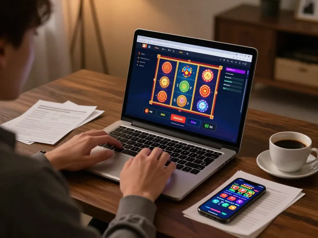 Engaging with Slot Online games on a laptop showcasing vibrant casino graphics and strategic notes.