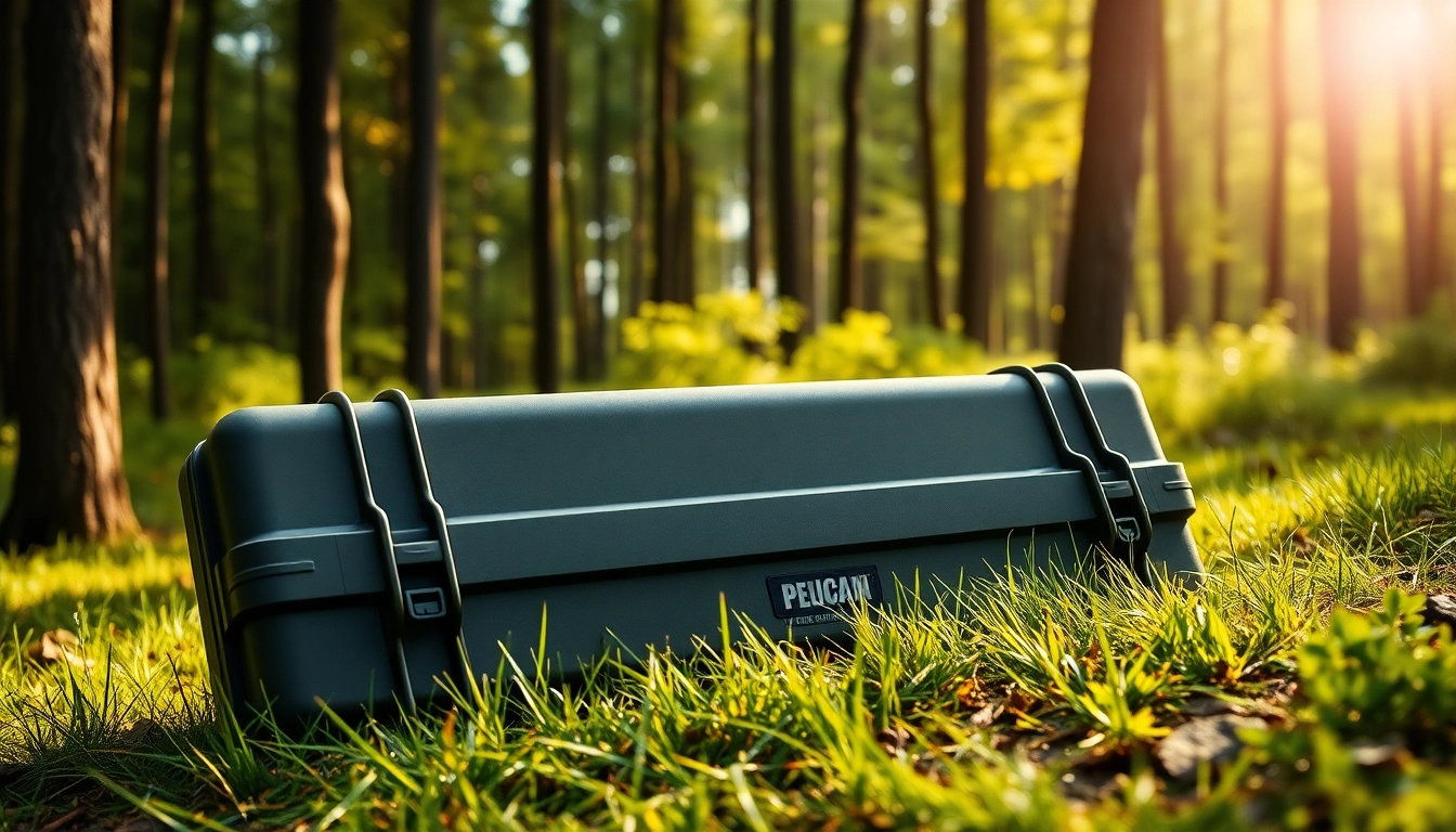 Showcase of a Pelican rifle case in a natural setting, emphasizing durability and adventure.