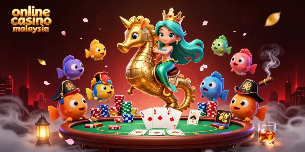 Engage with the online casino malaysia scene featuring a vibrant 3D mermaid and seahorse, rich in gaming elements.