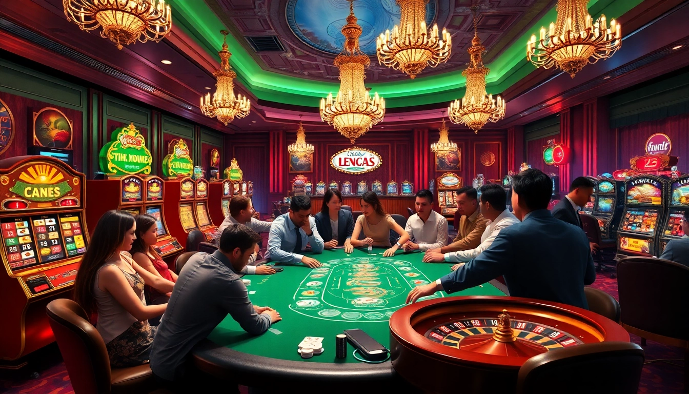 Gamblers enjoying a high-stakes game at VIN777 vin casino with vibrant slot machines and luxurious decor.