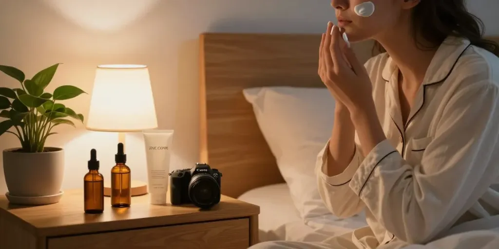 Applying zinc oxide cream for face in a cozy nighttime routine.