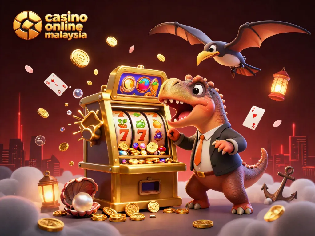 Experience thrilling wins at a casino online malaysia as a pachycephalosaurus engages with a slot machine.