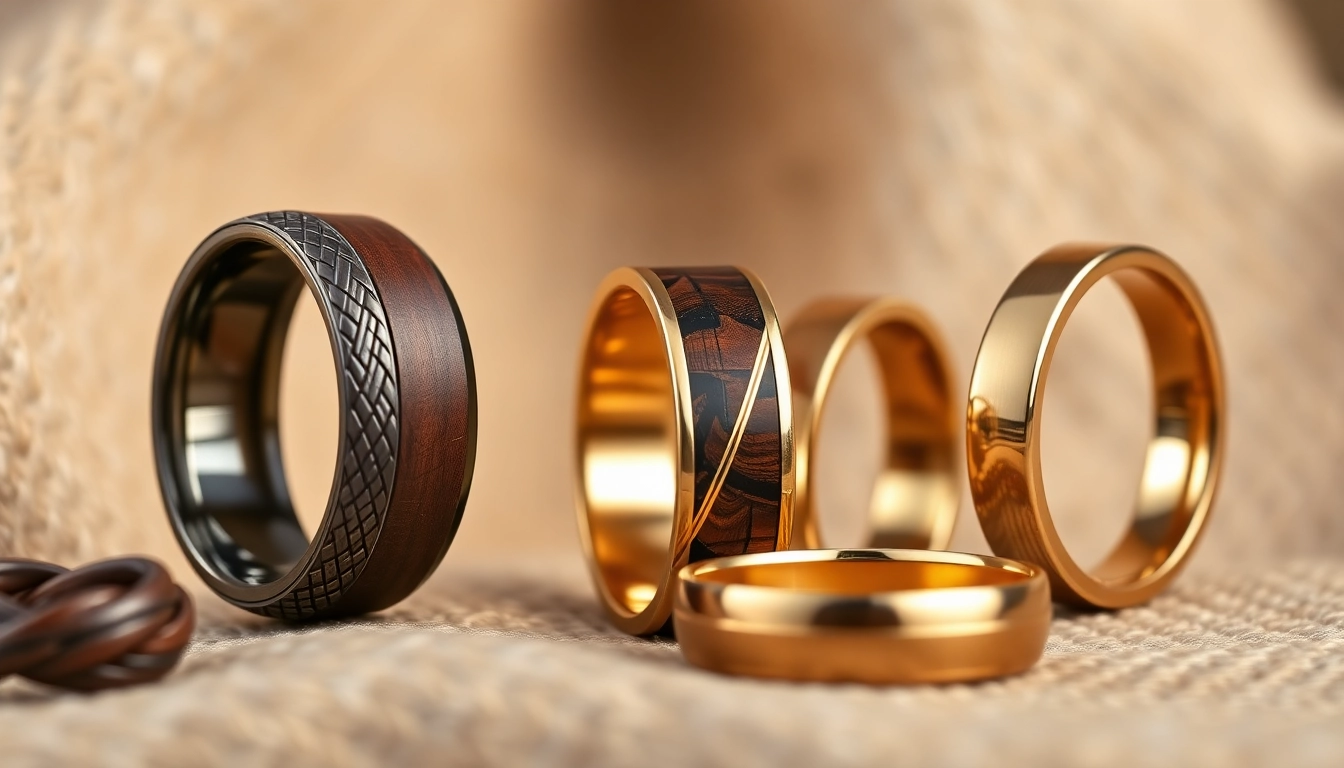 Showcase of unique wedding bands for men featuring diverse designs in a warm ambiance.