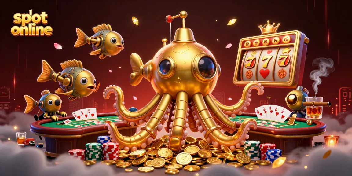 Engage with slot online excitement through a golden kraken submarine emerging from coins and spinning reels.