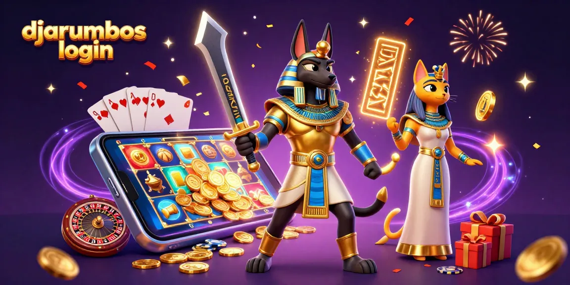 Explore exciting games with djarumbos login featuring Anubis and Bastet among vibrant slot elements.