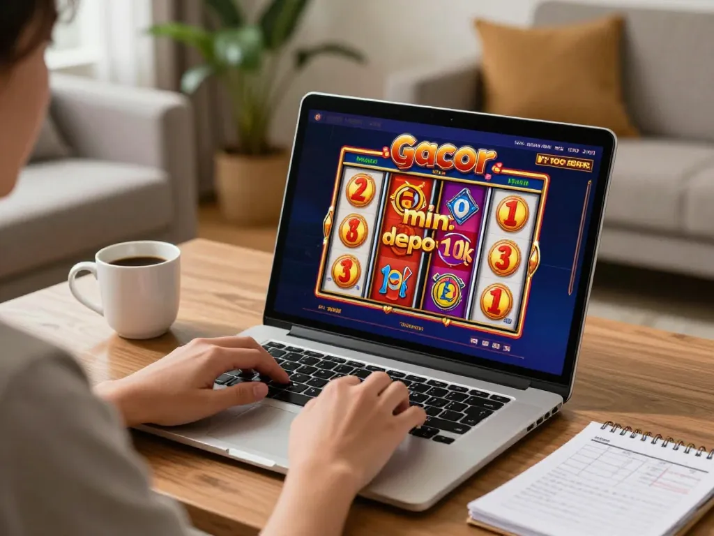 Engaging in slot gacor min depo 10k game on a laptop, showcasing gameplay and strategy notes.