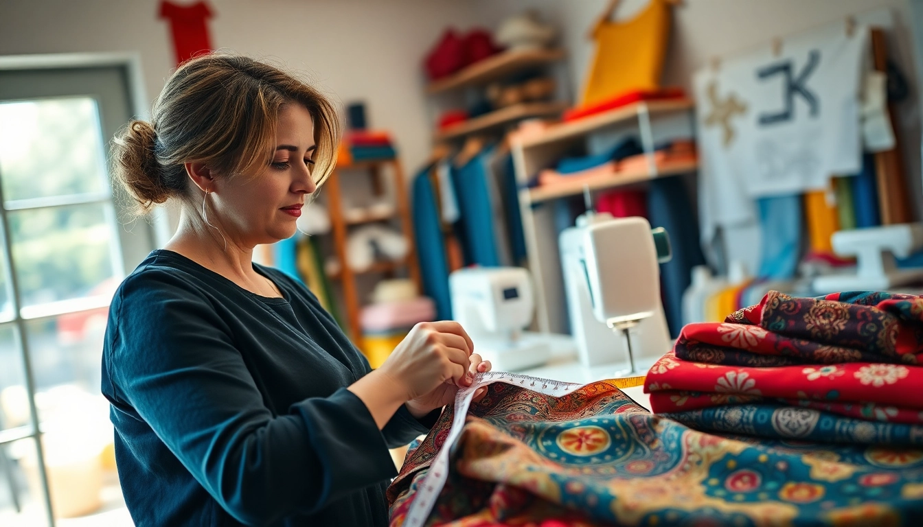 Sewing fabrics voor kleding maken in vibrant workspace, showcasing creativity and tools.
