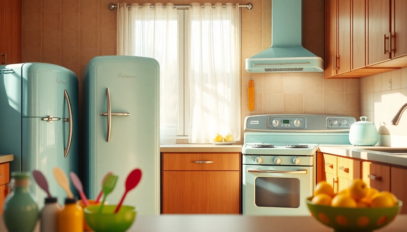 Retro Appliance kitchen with vintage stove and refrigerator in a cozy setting.