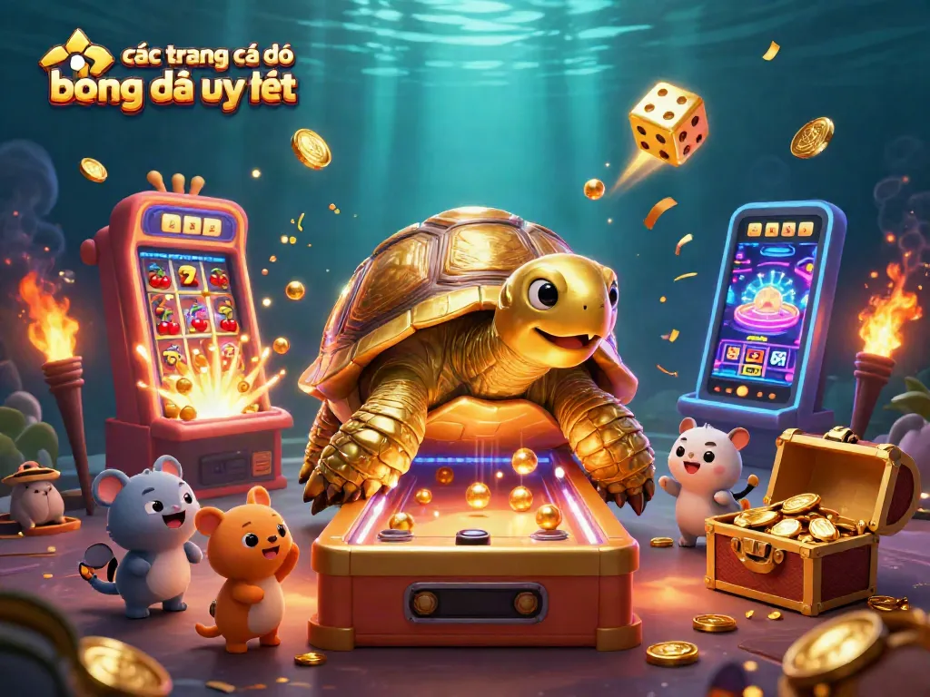 Các trang cá độ bóng đá uy tín với hình ảnh hoạt hình 3D đầy màu sắc và chi tiết về tortoise vàng và slot machine.