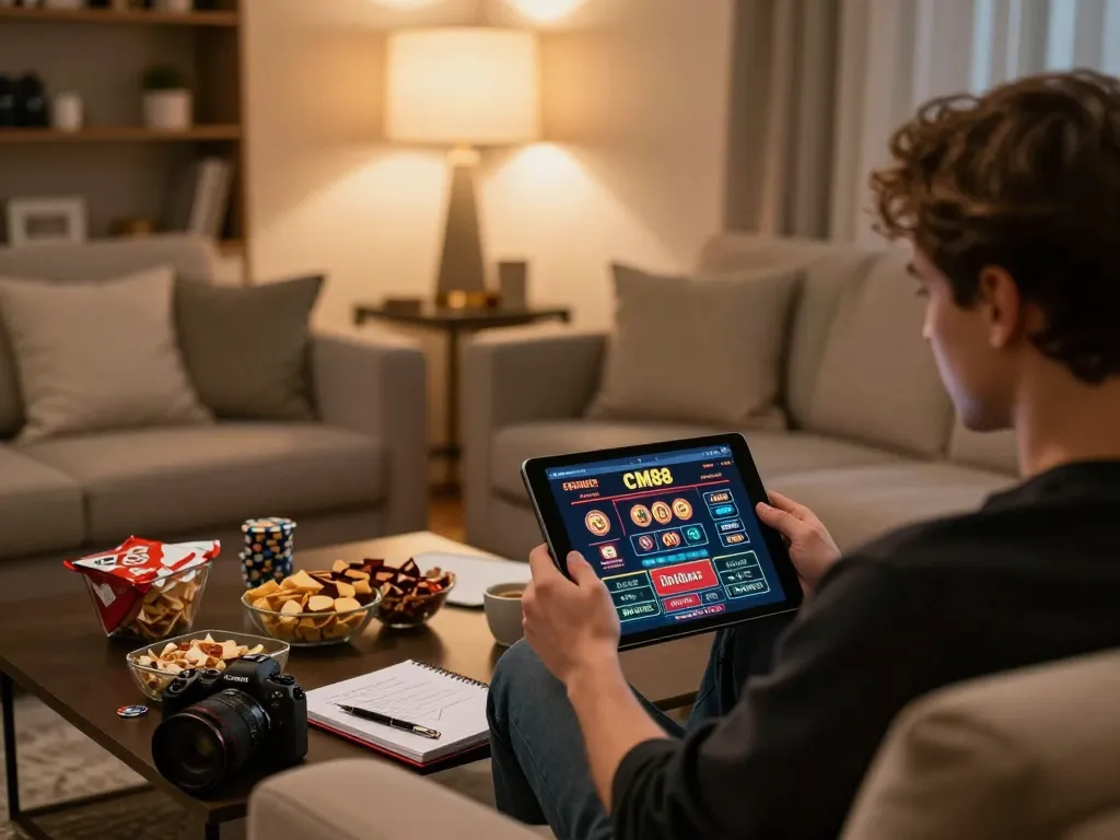 Engaging in online gaming on CM88 with tablet, cozy home environment, strategic approach.
