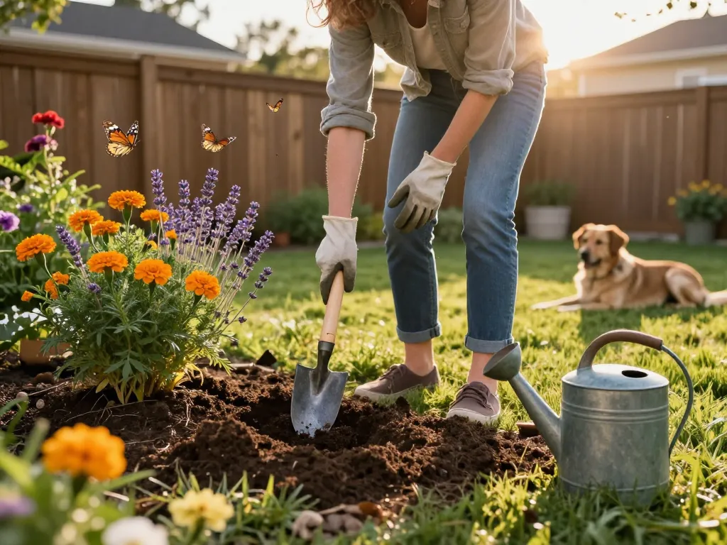 Gardener planting pest-repelling flowers with expert pest control tips in a sunny backyard.