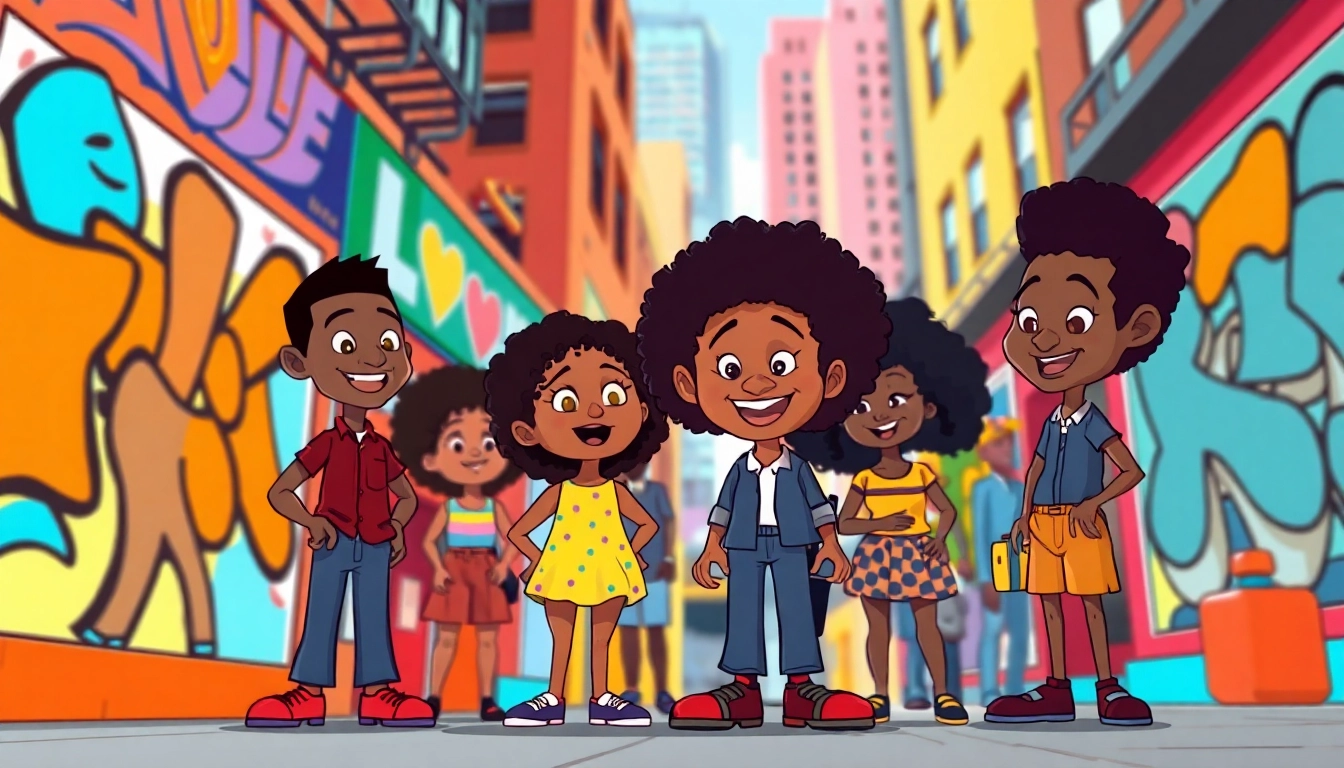 A vibrant urban scene showcasing iconic African American Cartoons characters celebrating creativity and diversity.