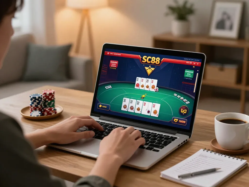Engaging in strategic online gaming at SC88, with poker game setup visible on the laptop screen.