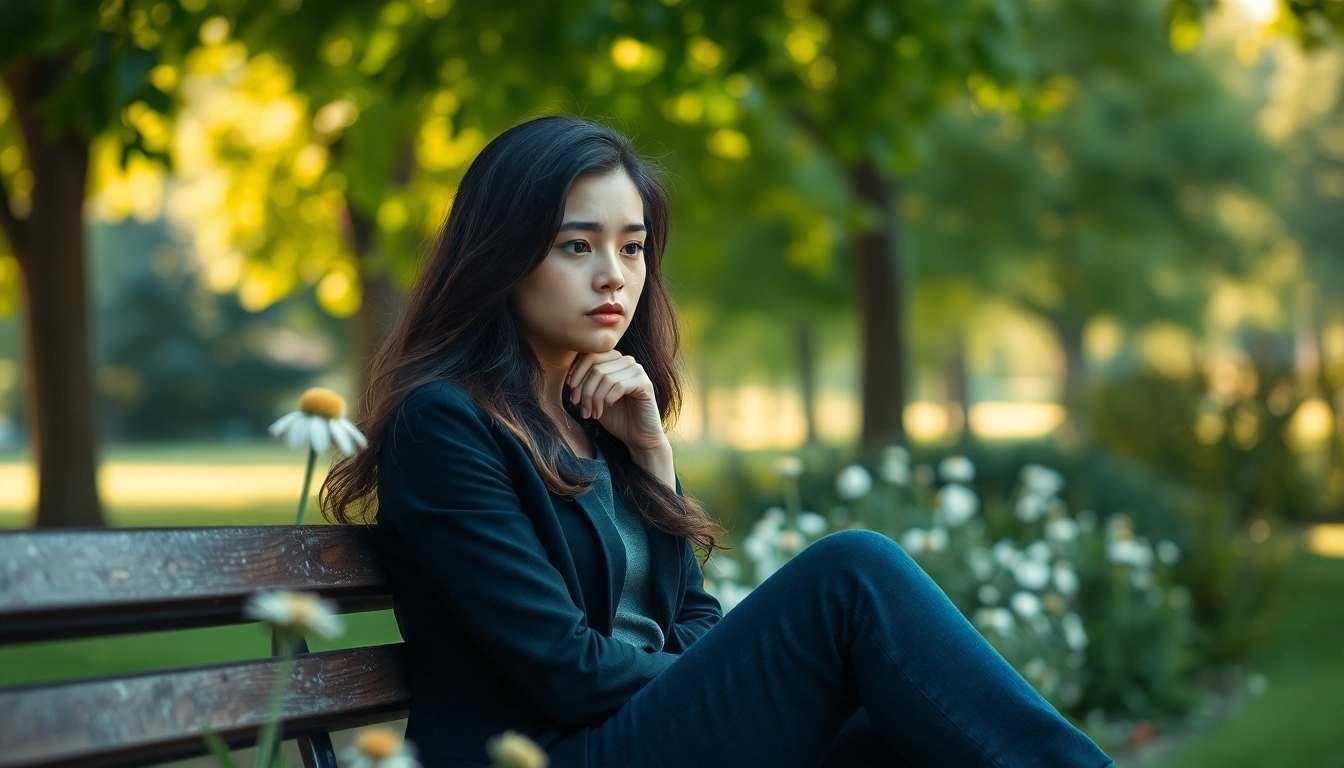Visual representation of anxiety symptoms illustrated through a woman in a tranquil park.