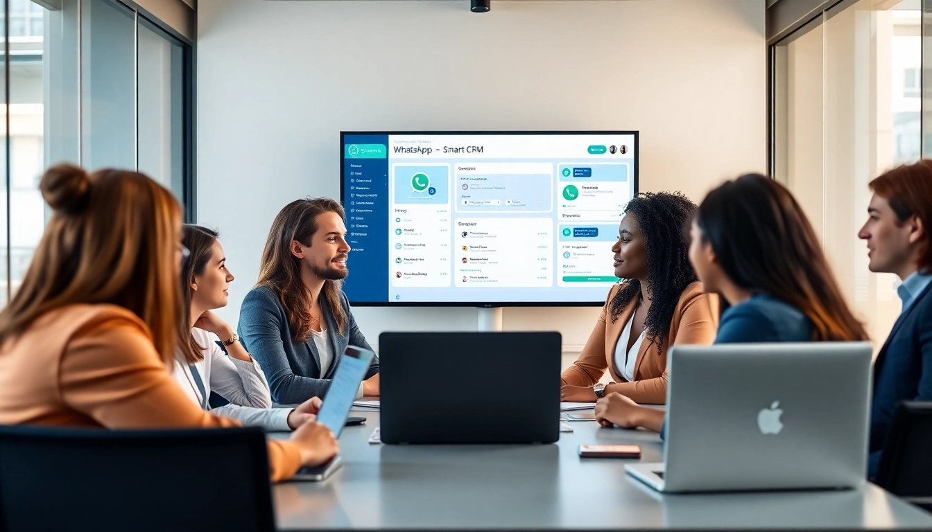 Engaged team discussing features of WhatsApp Smart CRM in a modern office setting.