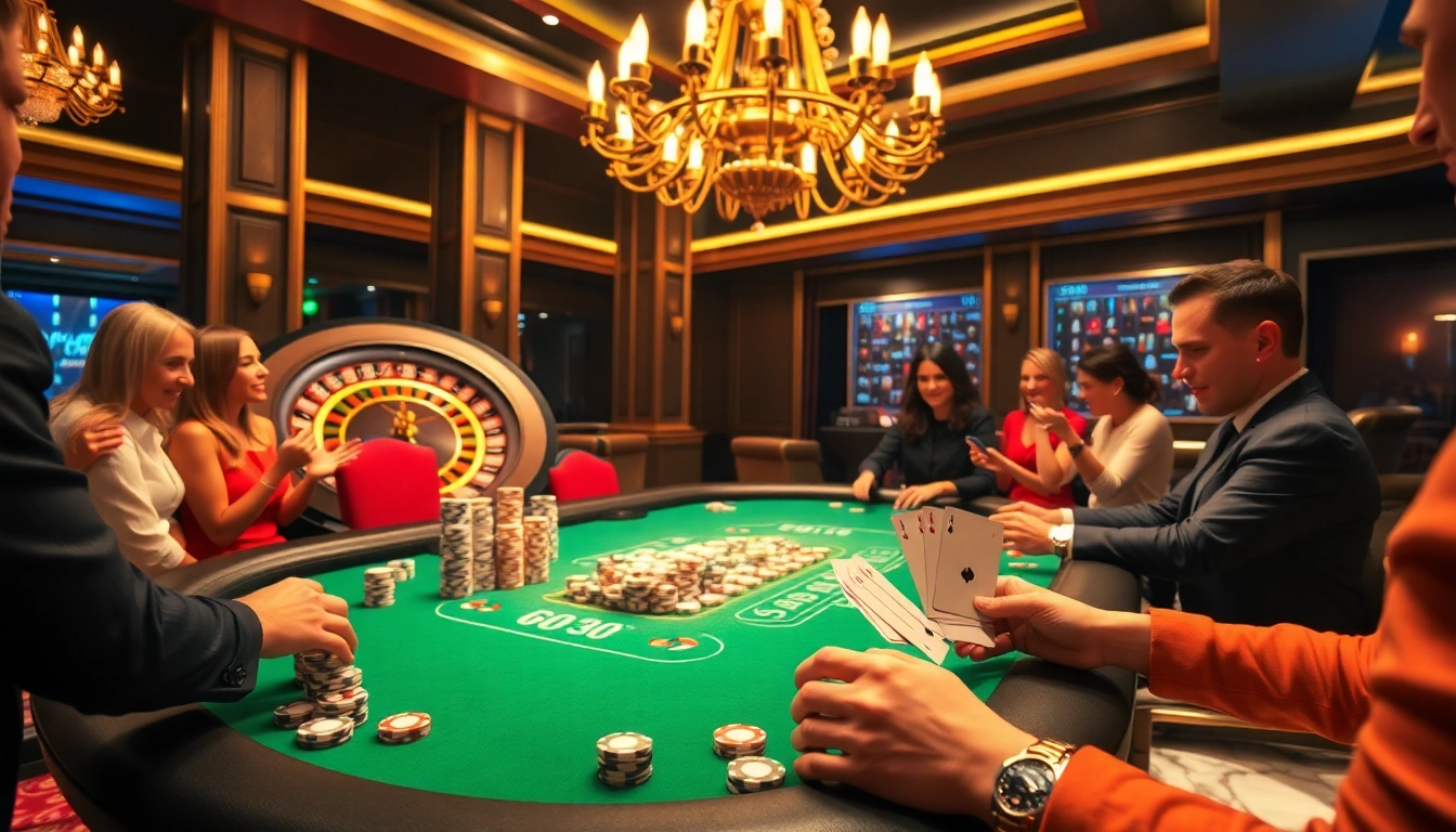 Excited players enjoy a GO8 poker game at a luxurious casino table with vibrant chips and cards.