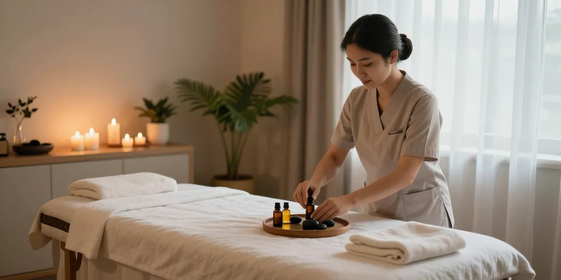 Relaxing massage therapy room with soothing oils and ambient lighting for 마사지 relaxation.