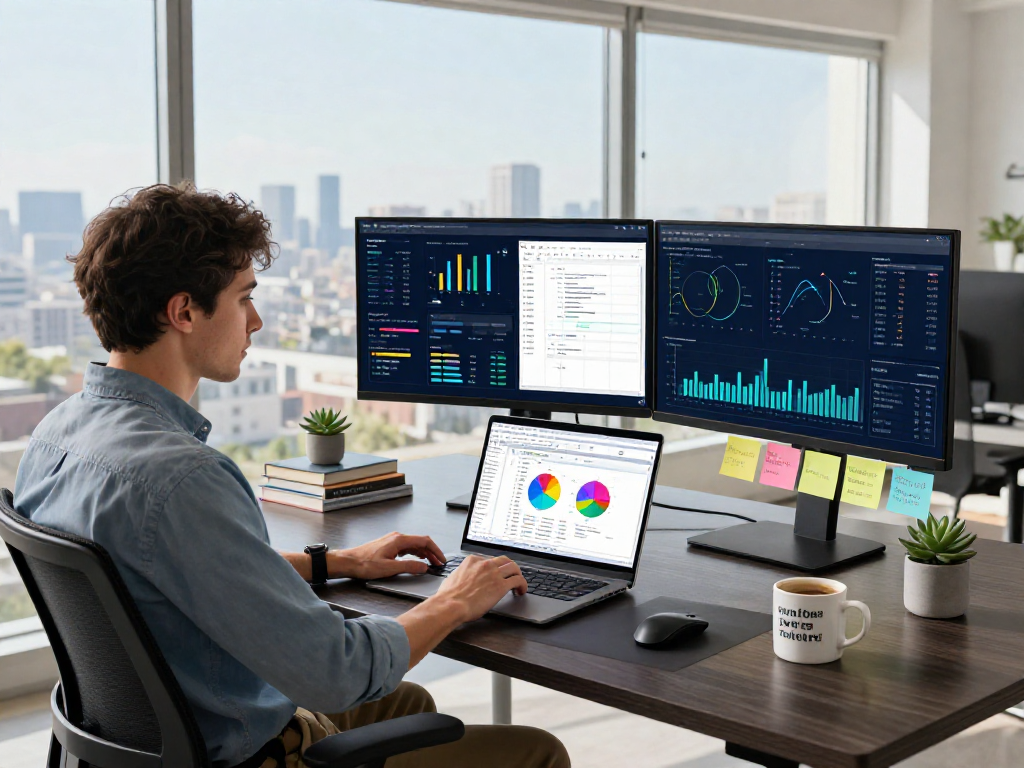 Professional data analyst using crushon ai tools in a modern workspace with dual monitors and city view.
