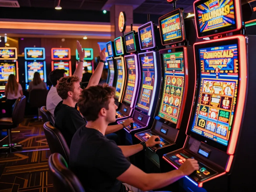 Players enjoying slot machines in a vibrant casino, celebrating wins amidst colorful lights.